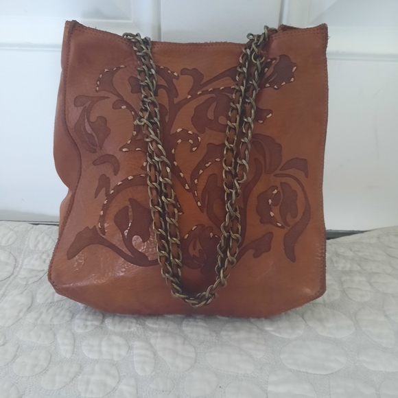 CAMPOMAGGI Small 'Aurora' shopping bag in cognac leather and floral raster New - Picture 4 of 11